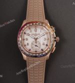 PPM Factory Patek Philippe Aquanaut Luce Dandong 4130 Movement Rainbow Diamond Bezel Brown Band Watch 39.9mm 